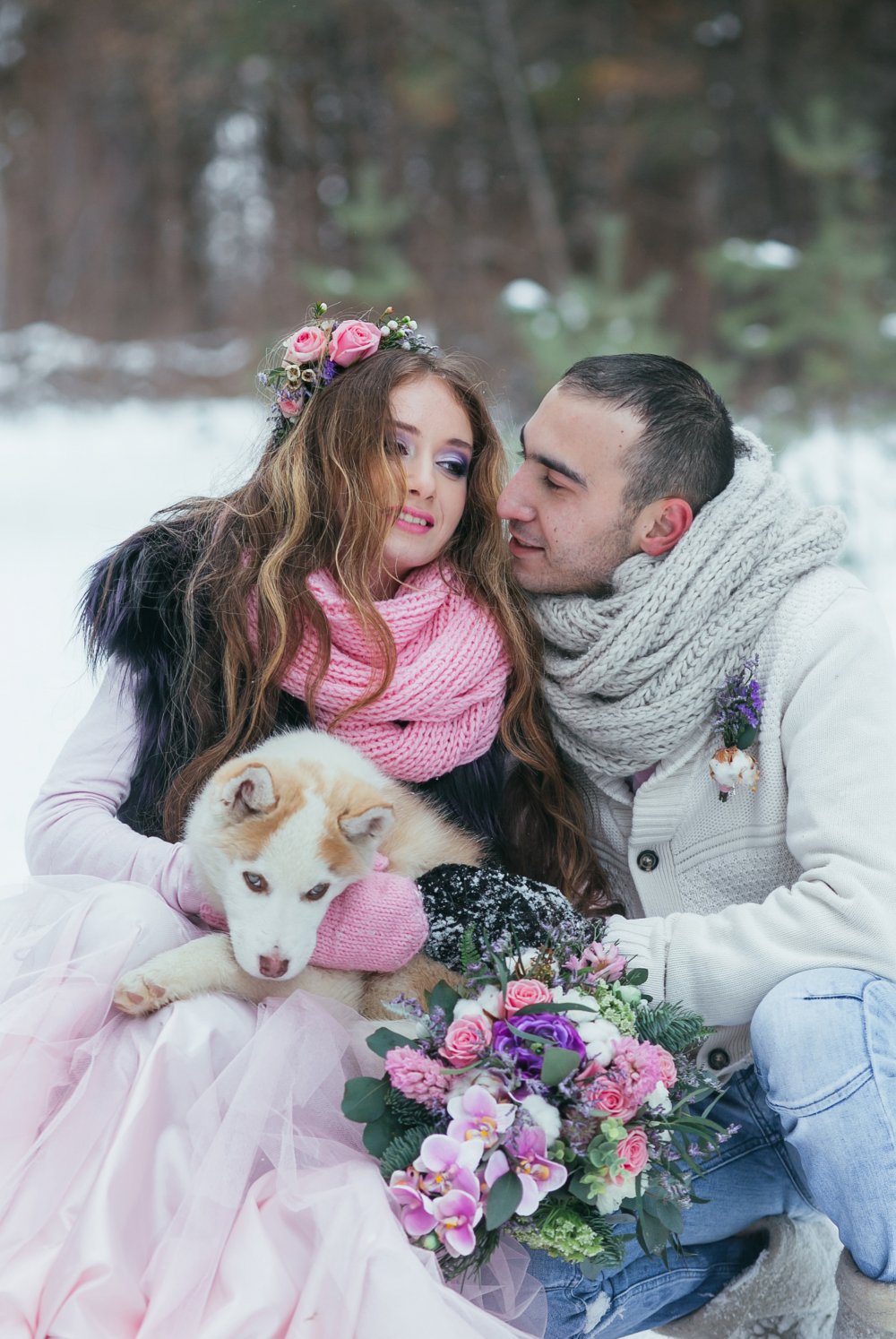 Зимняя свадебная фотосессия с собакой